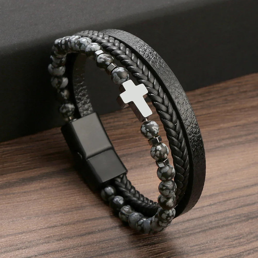 Handmade Natural Stone Braided Leather Bracelet For Man