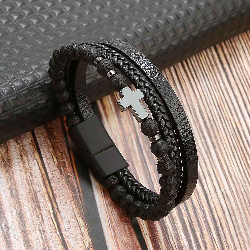 Handmade Natural Stone Braided Leather Bracelet For Man