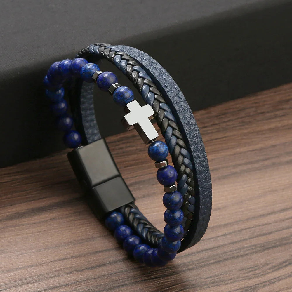 Handmade Natural Stone Braided Leather Bracelet For Man
