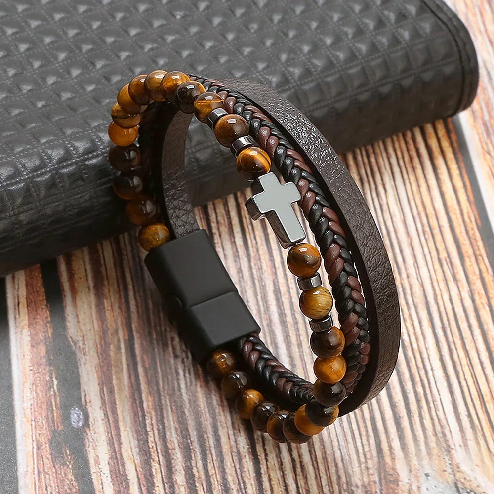 Handmade Natural Stone Braided Leather Bracelet For Man